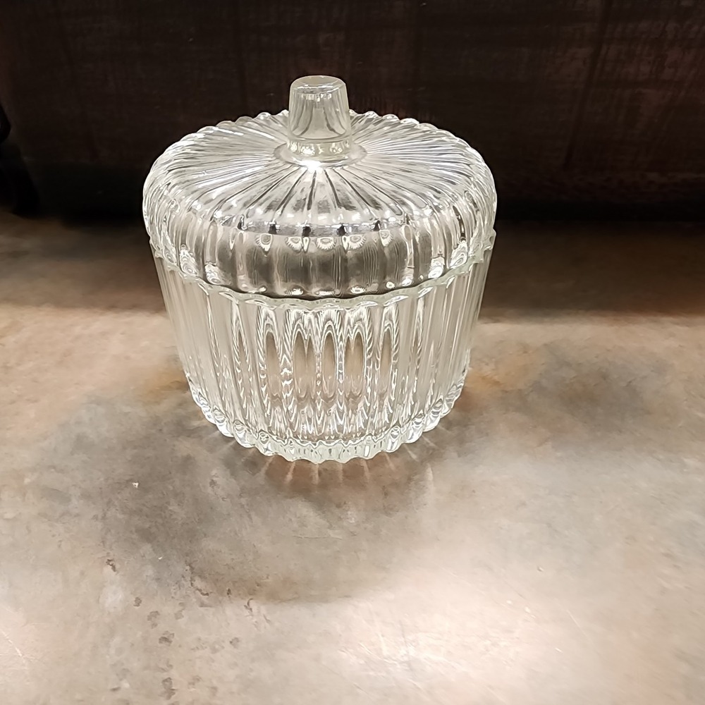 Clear Covered Condiment Jam Jar with Hole for Spoon, likely Jeannete Glass